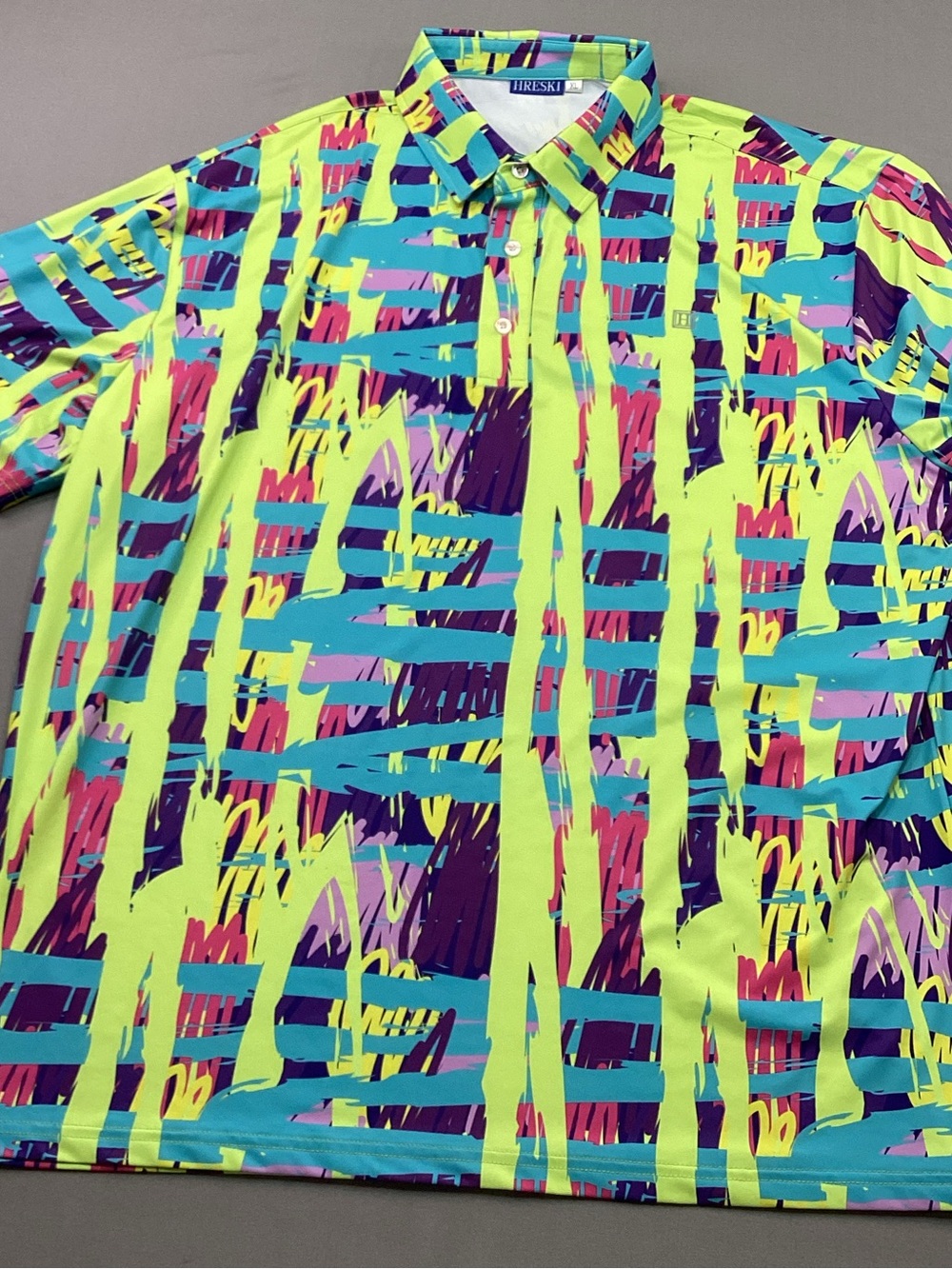 Hireski Neon Abstract Print Polo - Lime & Teal